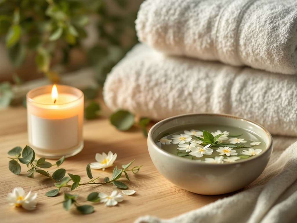 Folded spa towels, a lit candle, and a bowl of floating petals at Maru Head Spa