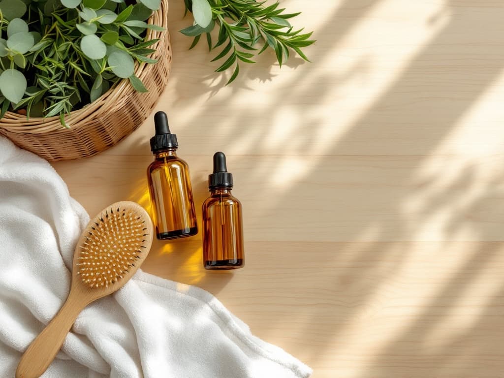 Scalp serums, oils, and a wooden massage brush on a sunlit counter at Maru Head Spa