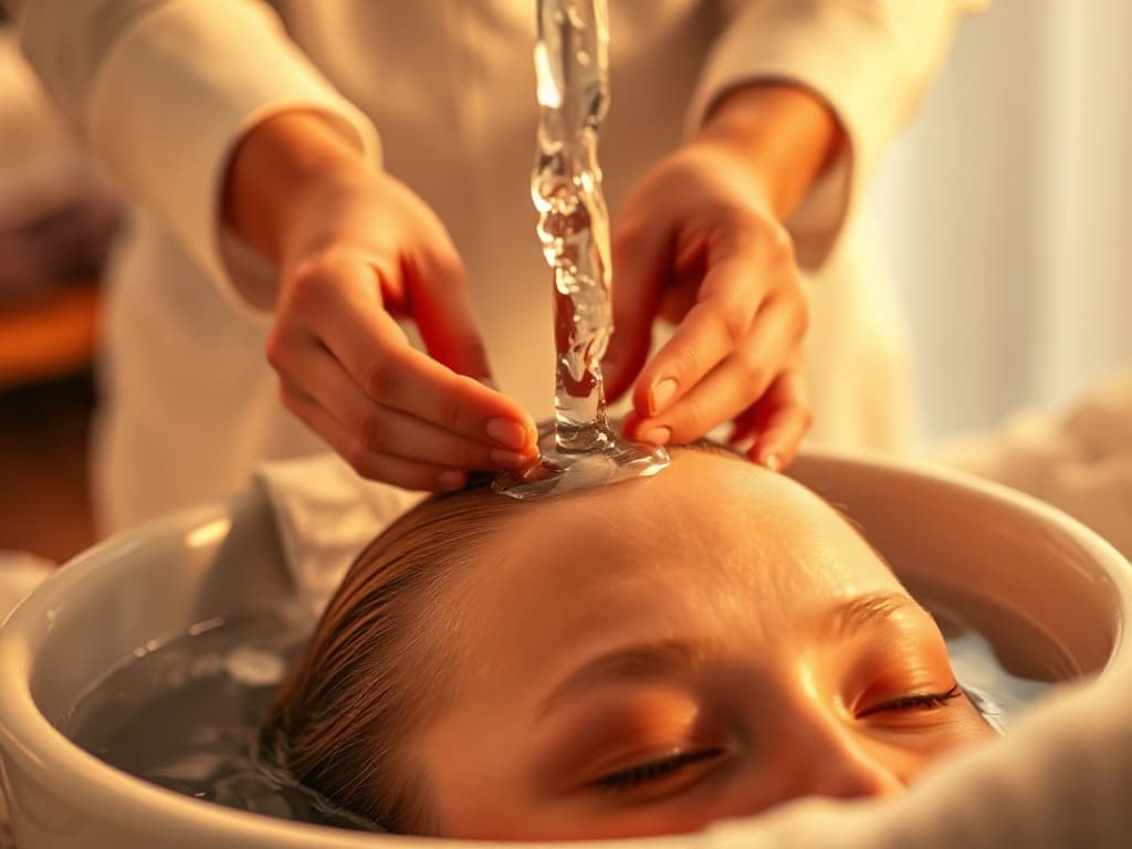Warm water poured over the scalp basin mid-ritual